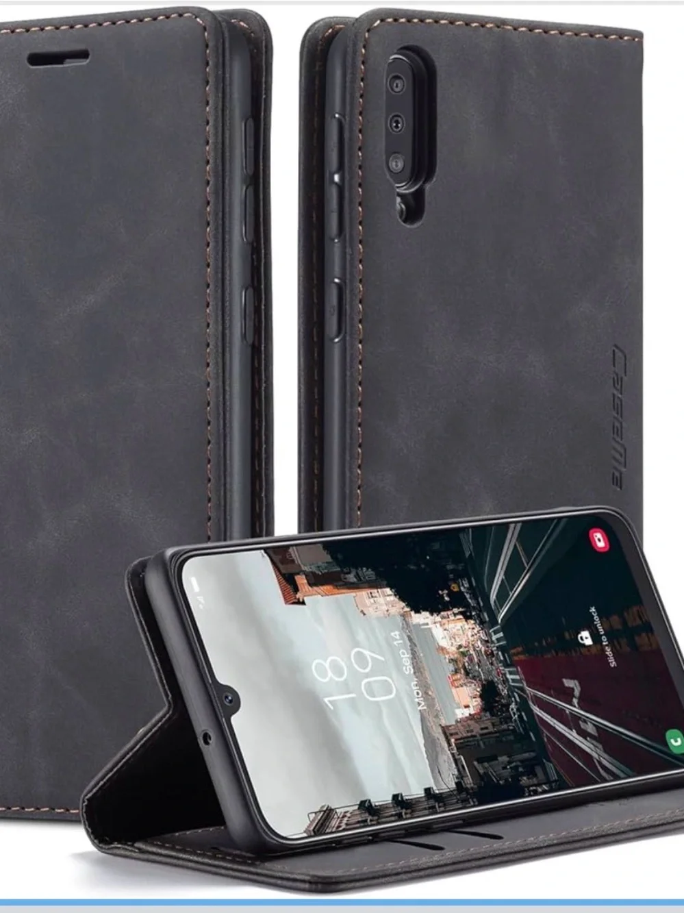 CaseMe Samsung Galaxy A70 Wallet Phone Case Black Flip Cover Card Holder